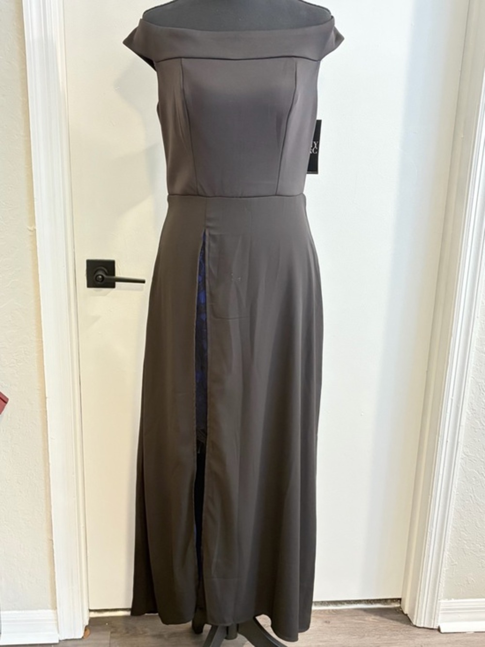NY and Company long black off the shoulder dress with royal blue and lace accent